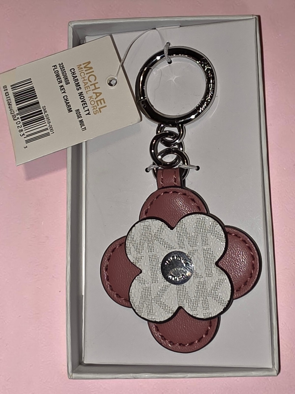 Michael Kors Rose Pink & White Flower Keyring Charm - NWT & Gift Box
